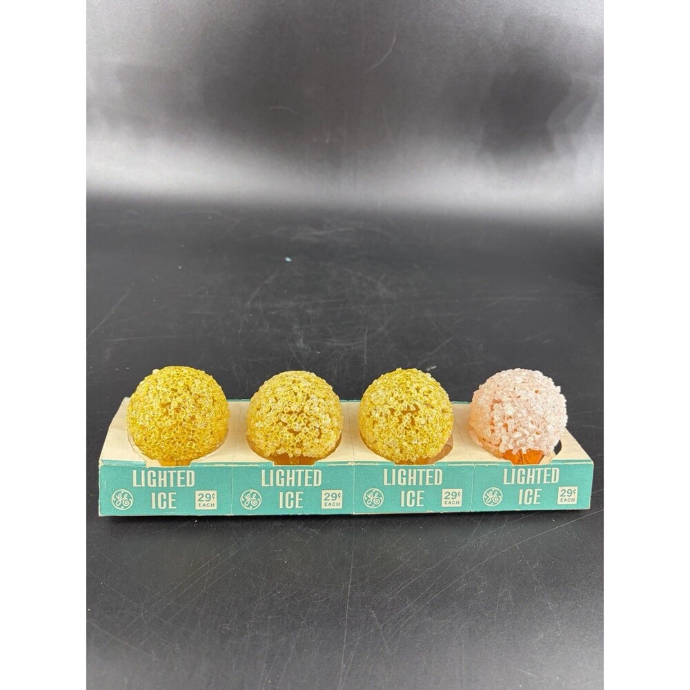 Vintage Set 4 GE Lighted Ice Christmas Bulbs Frosted Lights 3 yellow 1 orange